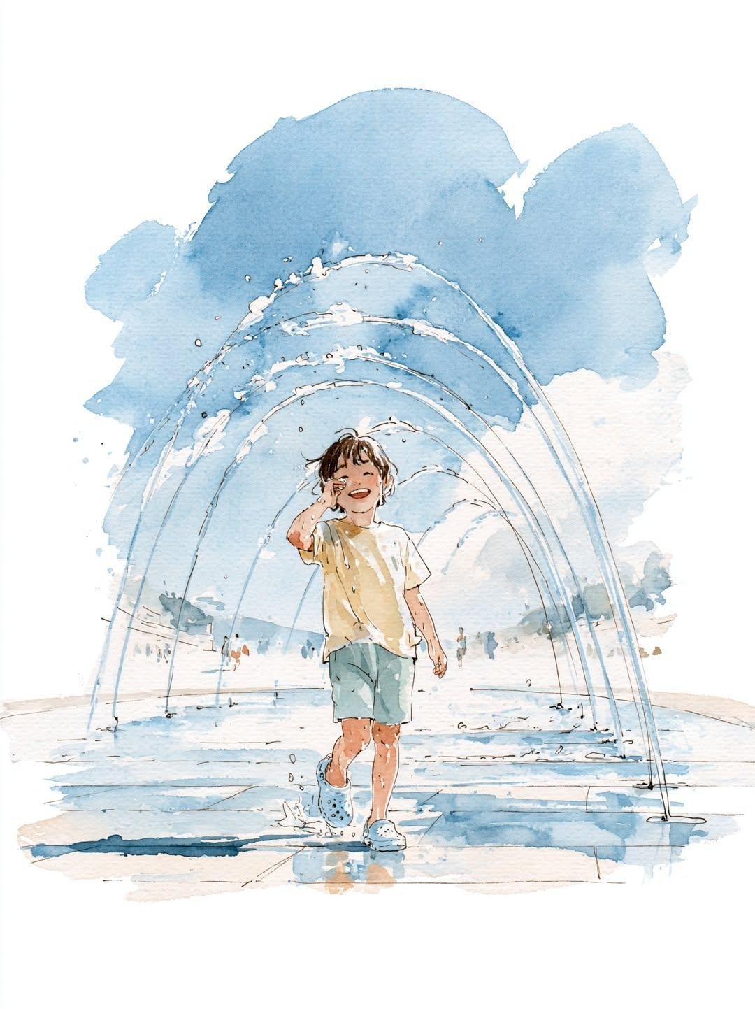 Minimalist watercolor of a joyful summer fountain scene